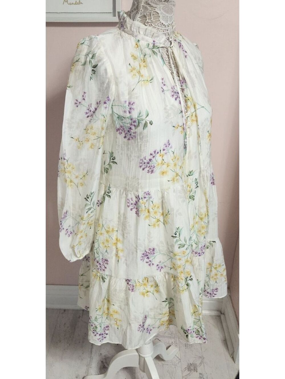 Taylor Floral Tiered A-Line Tie Neck Dress Women’s Small NWT